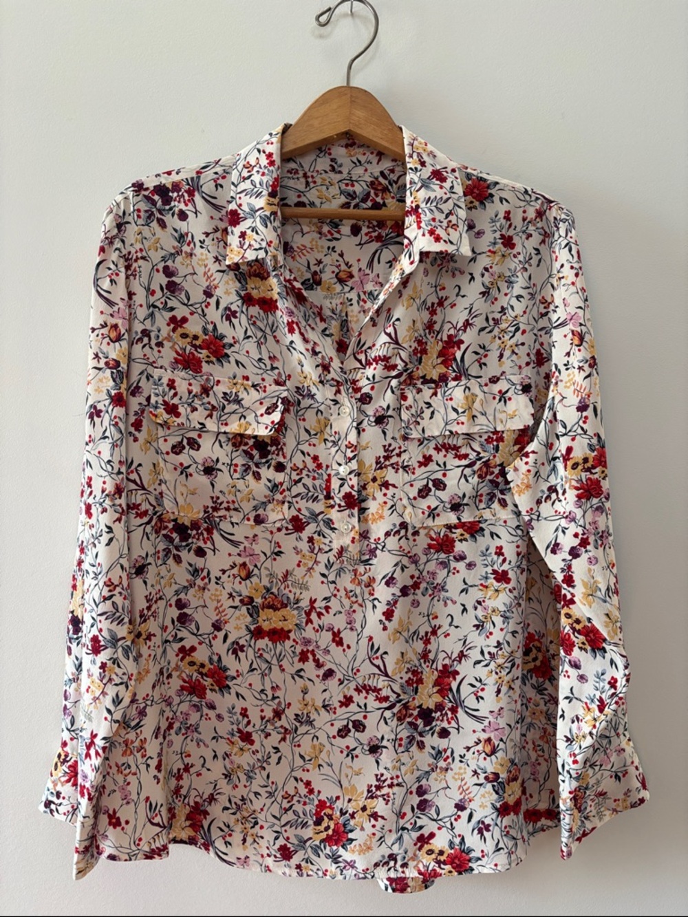 Gerard Darel White Floral Button-Up Blouse with Red & Yellow Flowers